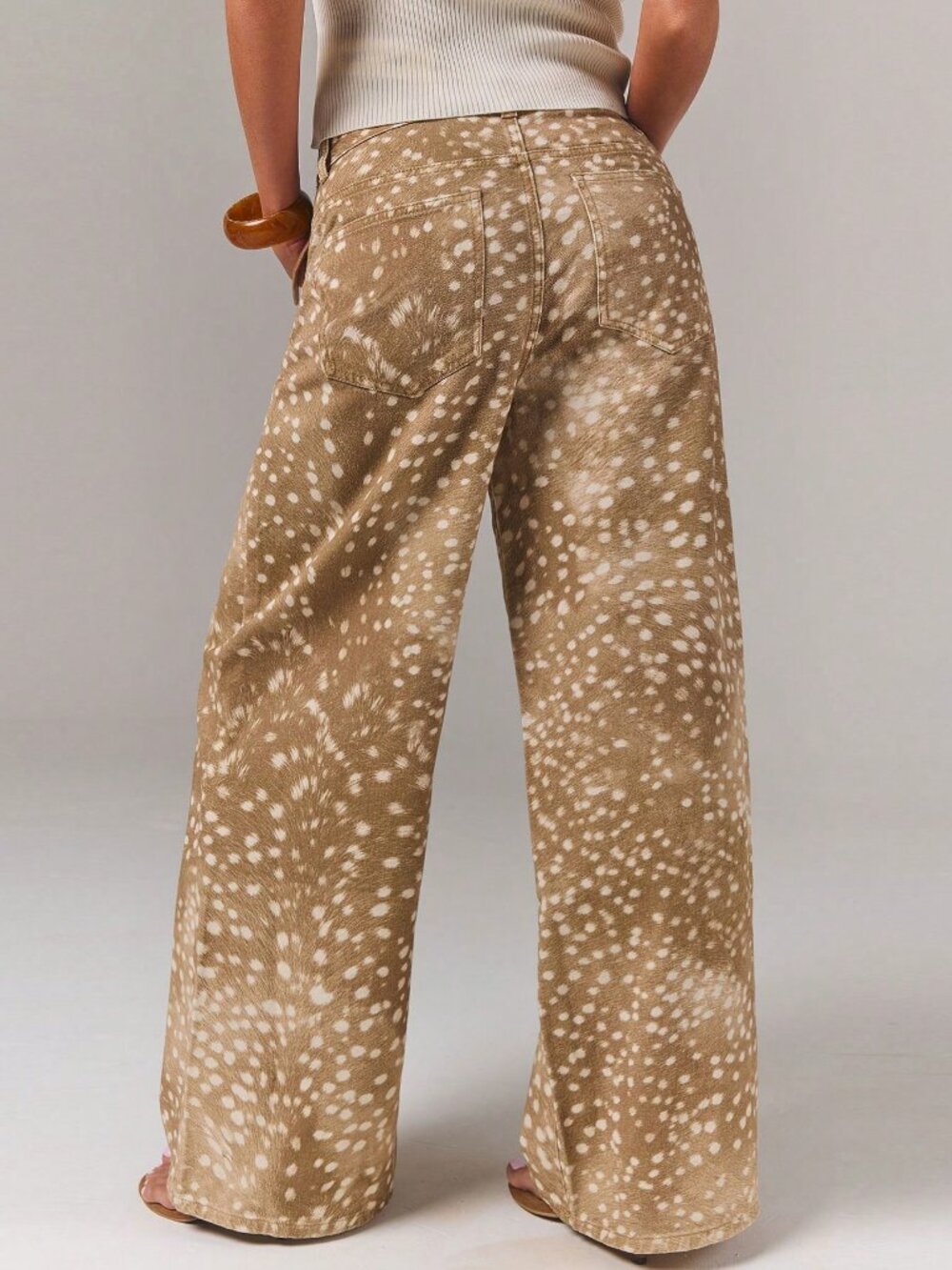 Khaki Casual Womens Denim Versatile All-Over fawn Print Button Pocket Long Pants - Picture 2 of 5